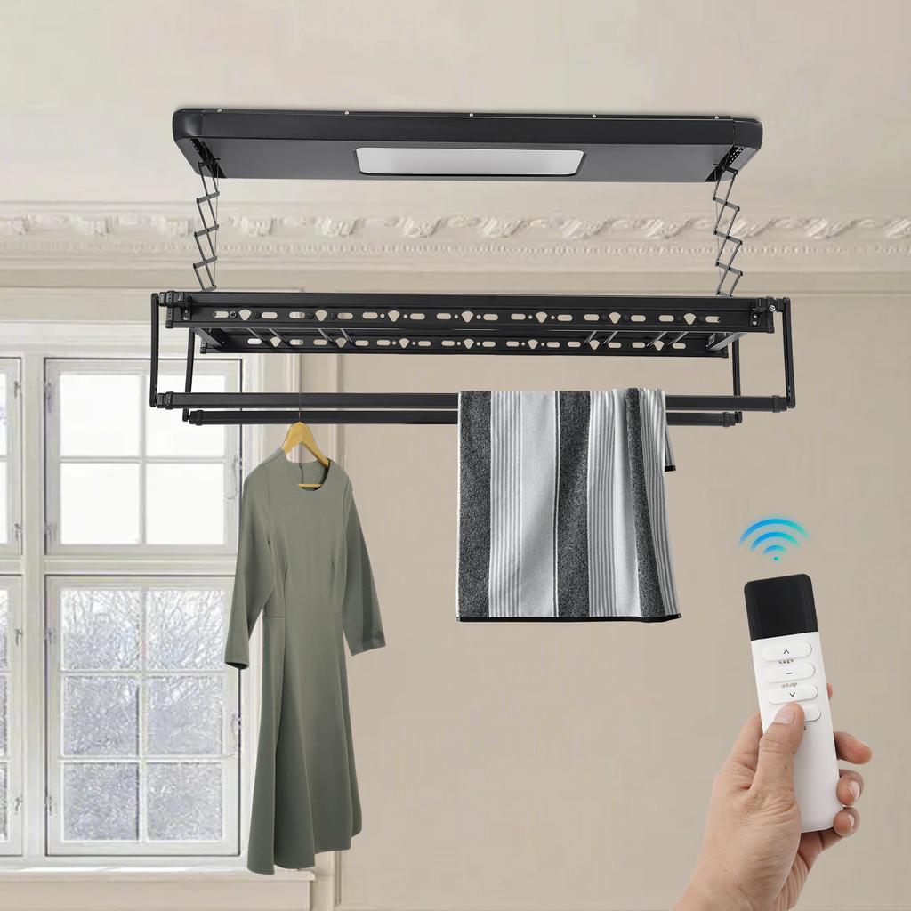 Electric Retractable Clothes Airer with 8 Rods & LED Light, Remote Control, 35kg/77 lbs Load Capacity for Home Use, 110V (Black)