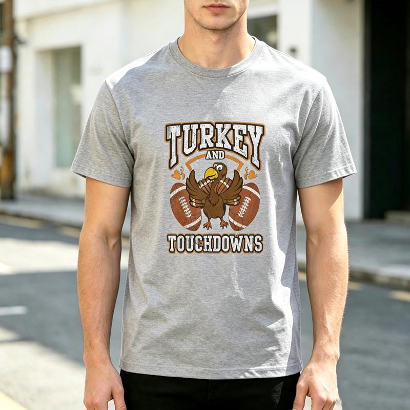 Retro Turkey And Touchdowns Print T Shirt Soft Cotton Short Sleeve Top For Unisex Unisex Football Fan Everyday Game Day Daily Wear