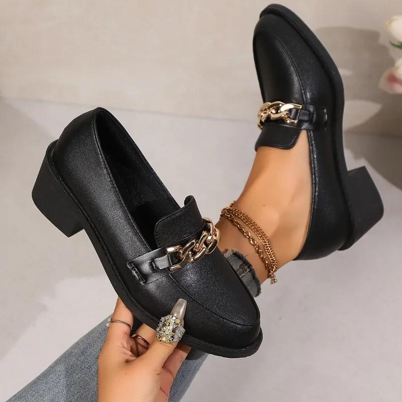 Fashion Female Shoes On Sale 2024 High Quality Slip On Women's Pumps Autumn Pointed Toe Chain Solid Dress Chunky Heels Plus Size Shoes