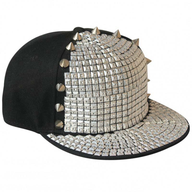 Adjustable Flat Brim Baseball Cap Men Women Streetwear Hip Hop Bboy With Square Studs Geometric Print