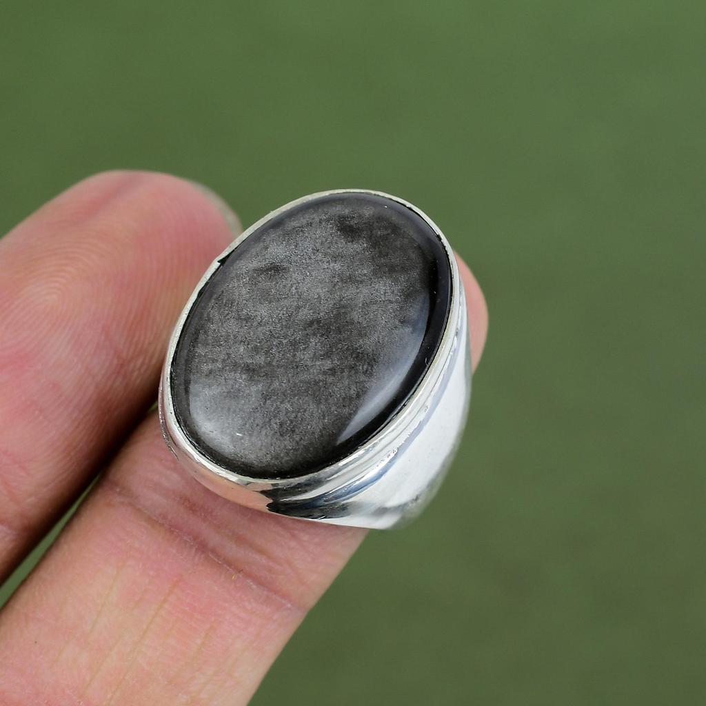 Кольцо из обсидиана с серебристым блеском Кольцо из стерлингового серебра 925 пробы Ручная работа Кольцо с драгоценным камнем Серебристый блеск Обсидиан Украшения Подарок для нее Доступно по размеру кольца