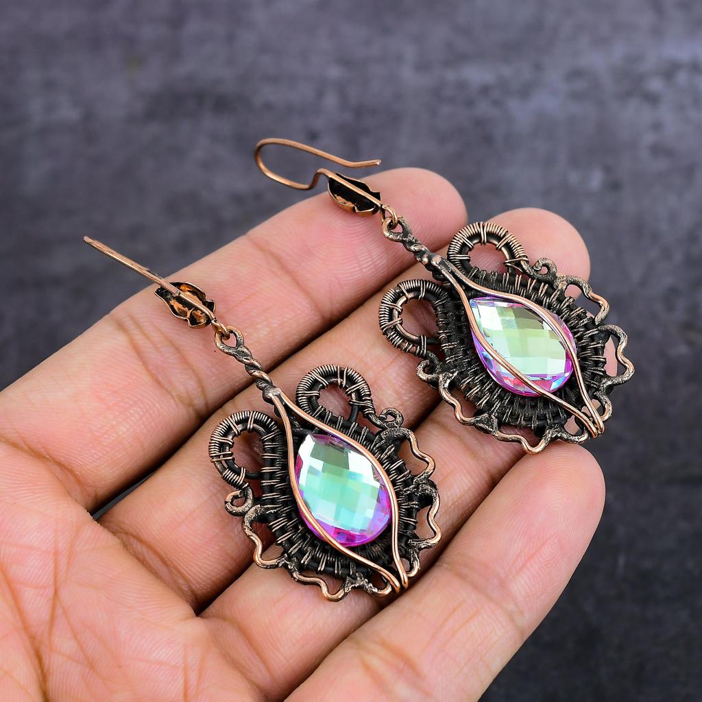 Pink Rubillite Handmade Copper Wire Wrap Jewelry Earring 2.68" m2H85
