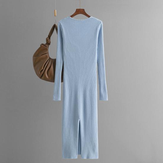 Женское платье-свитер осеннее с длинным рукавом, V-образным вырезом, в рубчик, с разрезом, длинное платье, повседневное облегающее платье миди