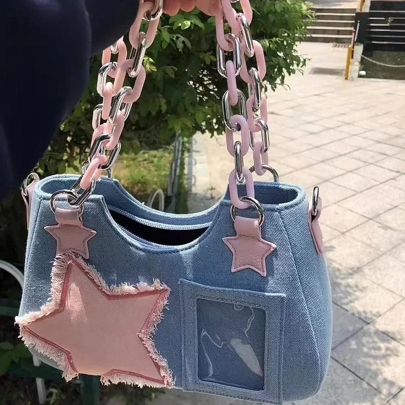 Модная сумка-тоут через плечо и подмышку Harajuku Star, джинсовая сумка с цепочкой, женские сумки на молнии, кошельки, женские сумки класса люкс, квадратная сумка