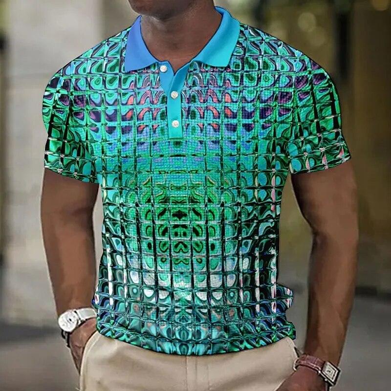 Модные мужские рубашки поло с 3D-моделированием в металлическую клетку с принтом мужская одежда Летняя повседневная уличная дизайнерская футболка с короткими рукавами