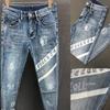 Men's Fashion Printed Jeans Color Block Denim Pants Letters Printed Slim Straight Trousers