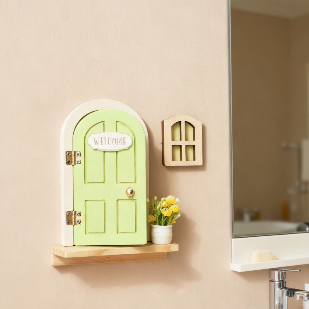 Mini Wooden Fairy Elf Door Set Simulation Balcony Fairy Door Cartoon Kids Toys Home Decor