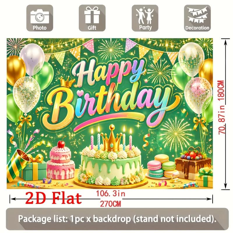 Vibrant Rainbow-Gradient Happy Birthday Script with Festive Balloons, Glittering Fireworks, Layered Cakes and Gift Boxes, Ideal for