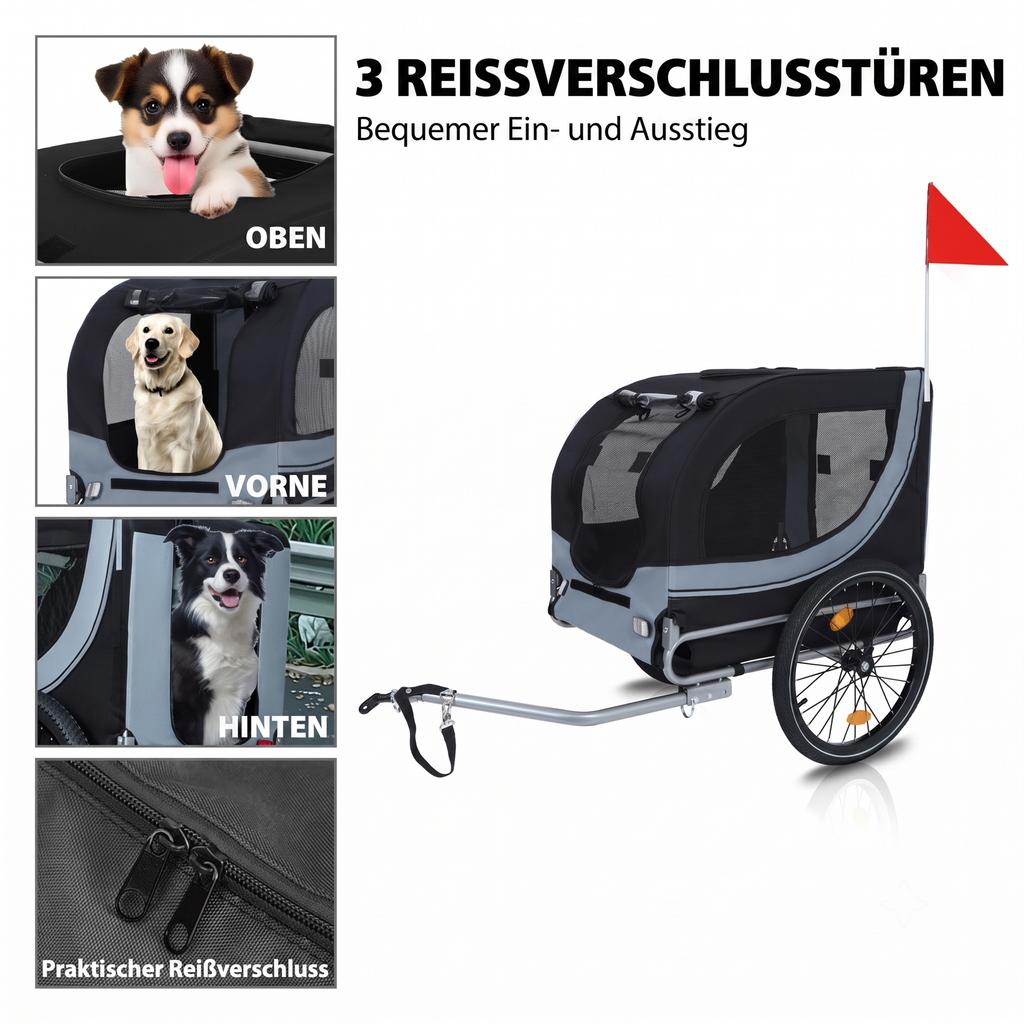 Dog Bicycle Trailer (up to 40 kg) Grey-Black with Safety Swivel Coupling, Bicycle Cargo Trailer with Mosquito Net & Rain Cover