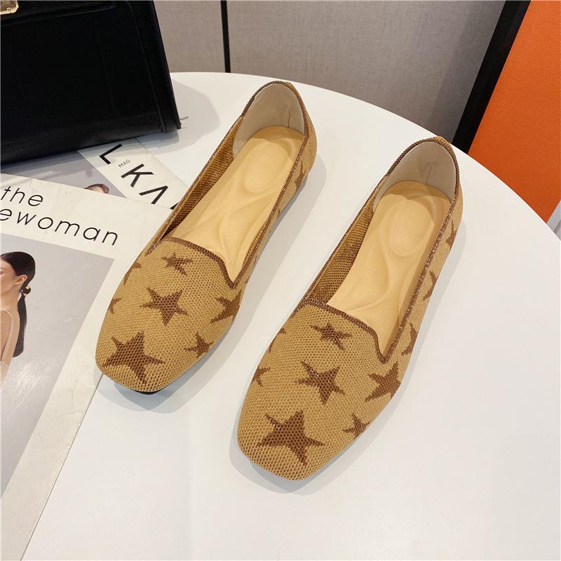 New Square Head Woven Geometric Pattern Soft Sole Shallow Mouth Knitted Shoes Flying Knitted Doudou Shoes