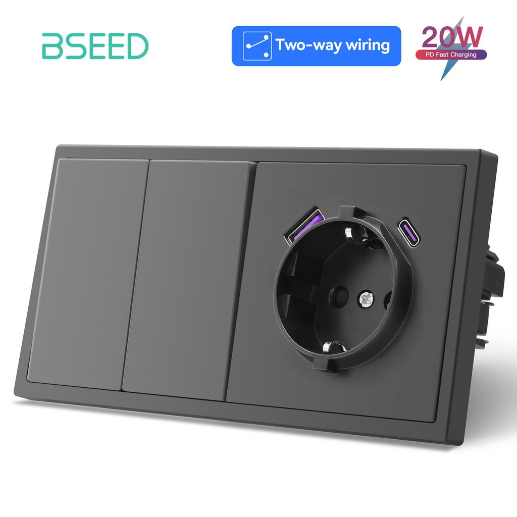 BSEED 1/2Gang Large Button Light Switches 1/2Way Plus Wall Power Type-c USB Sockets Fast Charging EU Standard Plastic Frames