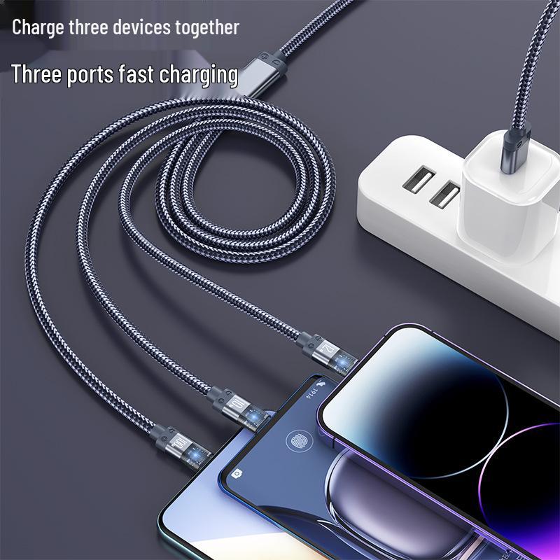 66W Type-C 3-in-1 Luminous Charging Cable, 3A Transparent Shell, Fast Charge