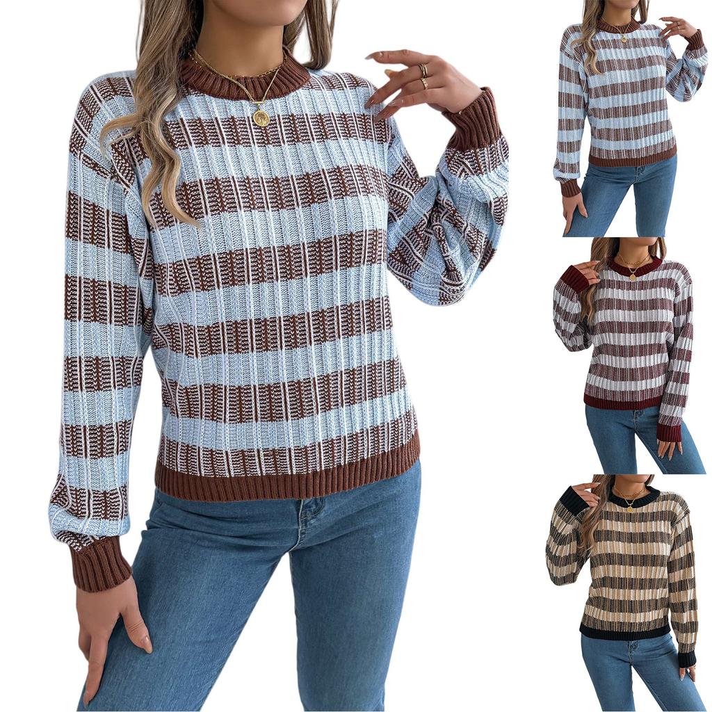 Women's Round Neck Vintage Striped Long Sleeve Pullover Sweater