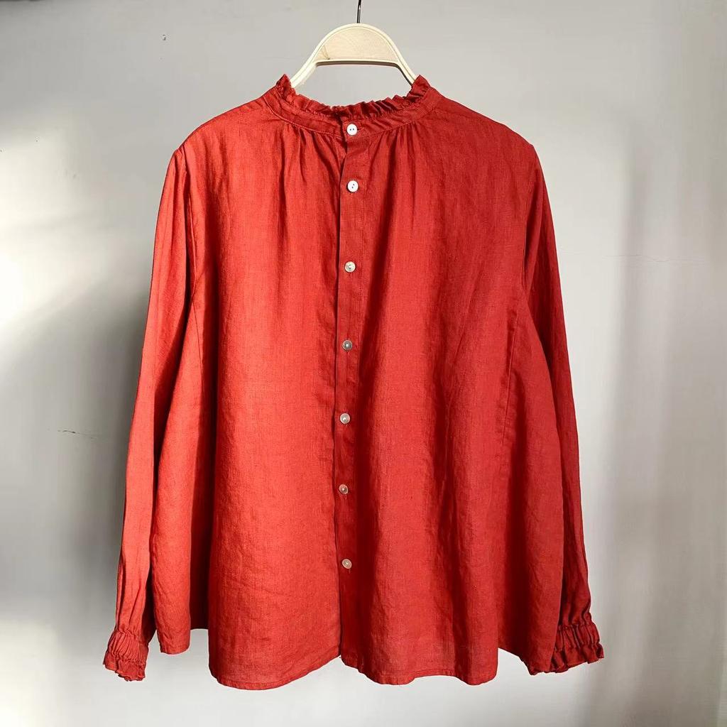 Johnature Винтажные топы, весенне-летние однотонные женские рубашки с оборками и воротником, повседневные свободные женские рубашки на пуговицах