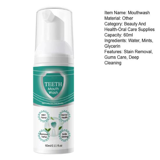 60 мл жидкость для полоскания рта для полоскания рта, устранение неприятного запаха изо рта, удаление зубного налета, удаление пятен, десен, уход за полостью рта, глубокая очистка, мятный вкус, отбеливание зубов, жидкая пена