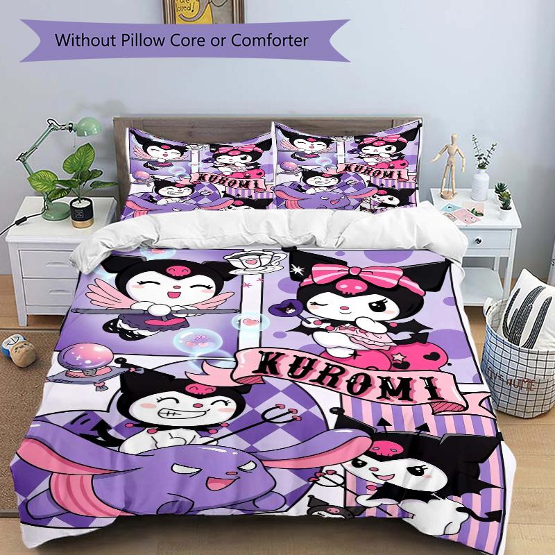 3 шт. Комплект постельного белья с принтом Куроми Sanrio, Мягкое и удобное покрывало для спальни, Гостевой комнаты (Не включено).W053