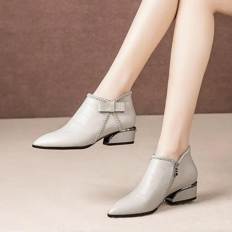 Pointed Toe Beige Square Heel Women Boots Fashion Butterfly-knot Ankle Boots Zipper PU Leather Rubber Zapatos Mujer