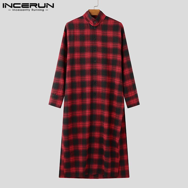 INCERUN Большие мужские рубашки с воротником-стойкой и длинным рукавом в клетку, повседневные туники
