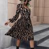 Autumn Winter Women Long Sleeve Print Elegant V-neck Casual A-Line Knee-Length High Waist Dress
