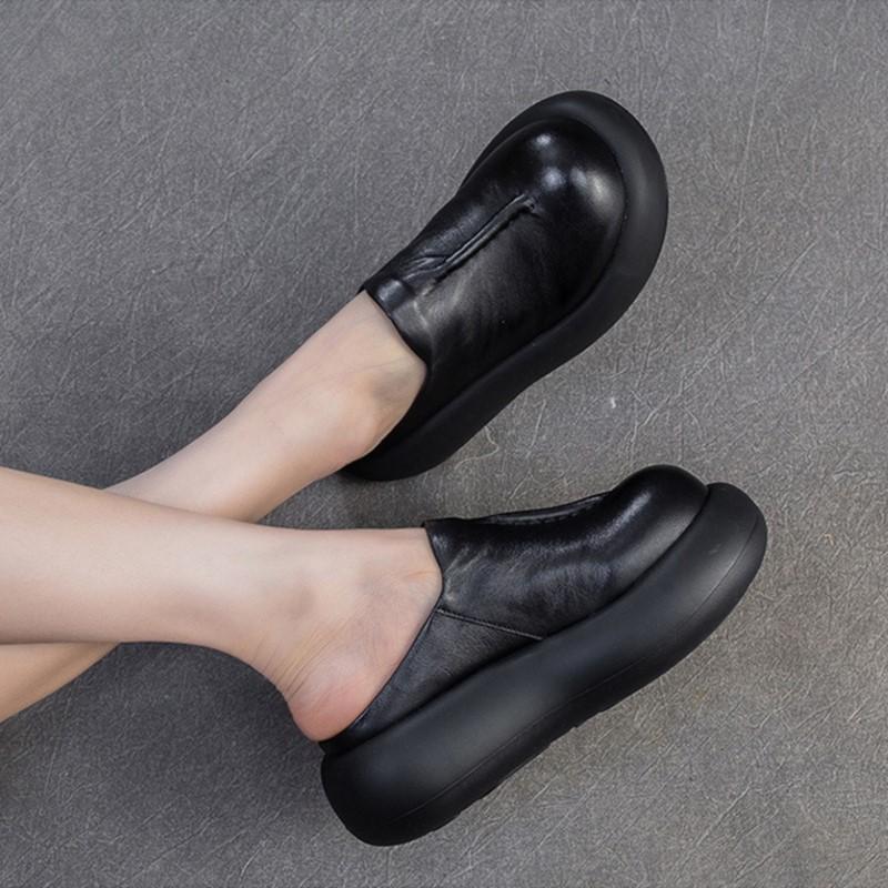 Johnature Thick Soled Slippers Genuine Leather Round Toe Versatile Women's Flat Platform Shoes