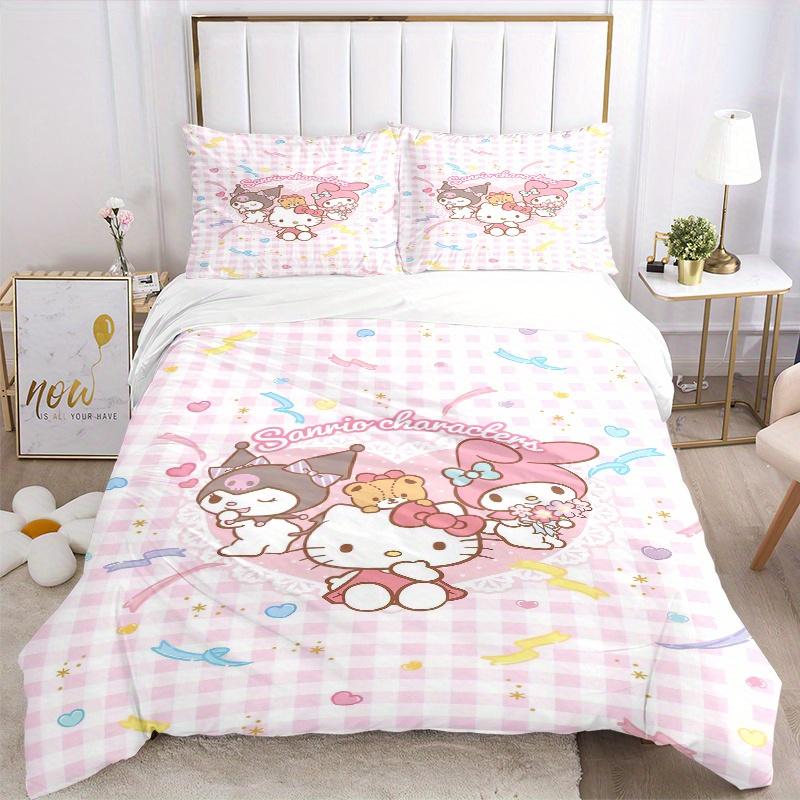 3pcs Grid My Melody Hello Kitty Kuromi Bedding Set - Includes 1 Quilt Cover and 2 Pillowcases, Comfortable Bedding with Stylish Design for B
