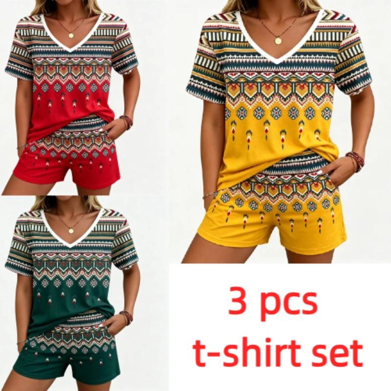 Summer Fashion Ethnic Style Pattern Printed V Neck Short Sleeved T-Shirt And Shorts Set Men's and Women's T-shirt Shorts Set