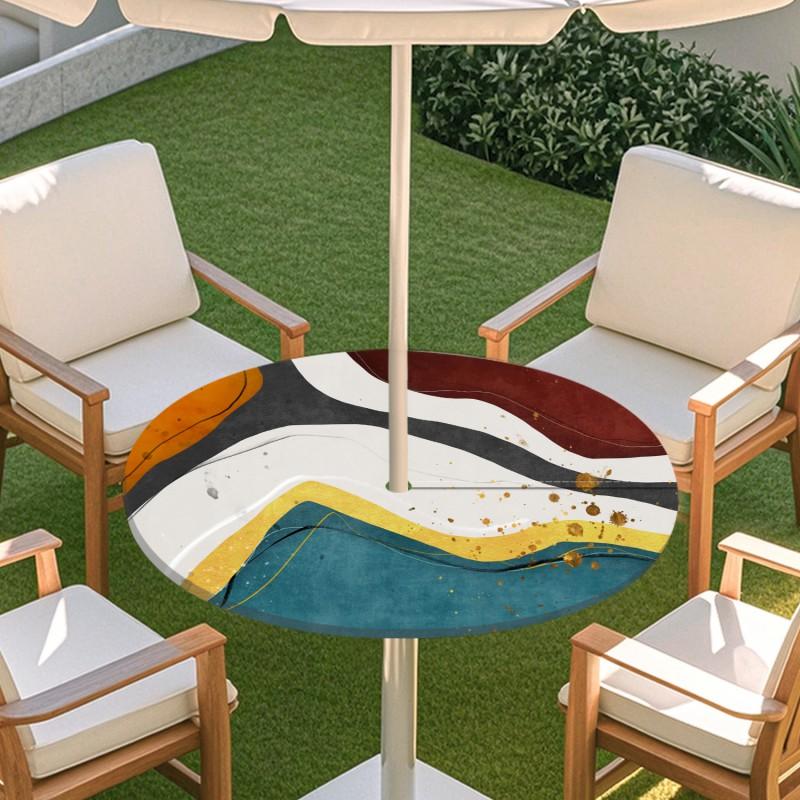 Outdoor Round Table Cover With Umbrella Hole Elastic Edge Waterproof Patio Dining Tablecloth Garden Terrace