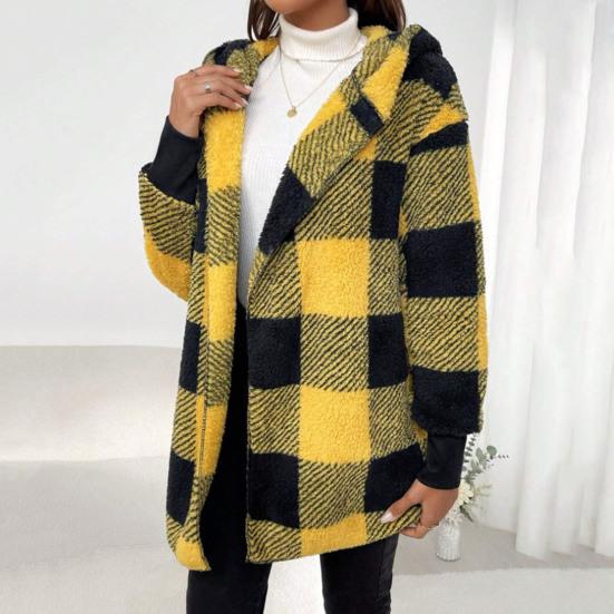 Зимний свитер, пальто с принтом в клетку, с капюшоном, толстый ветрозащитный кардиган с открытой строчкой, верхняя одежда, куртка средней длины из плюша для школьных путешествий