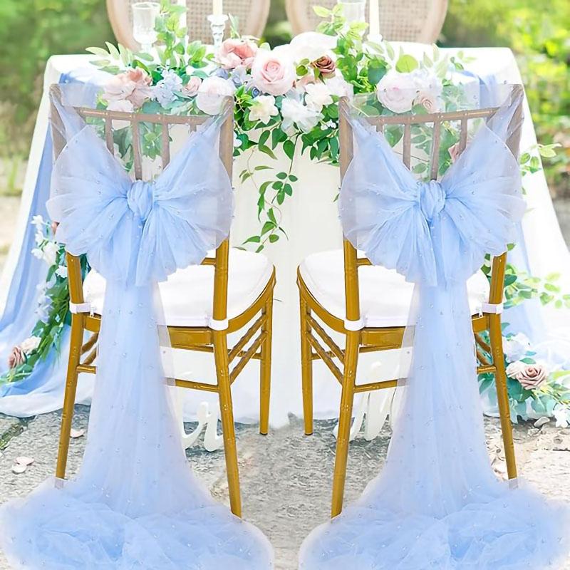 2pcs Pearl Tulle Chair Sashes 75x200cm Organza Fabric Sheer Tulle Chair Drapes For Wedding Party Event Banquet Home Decoration