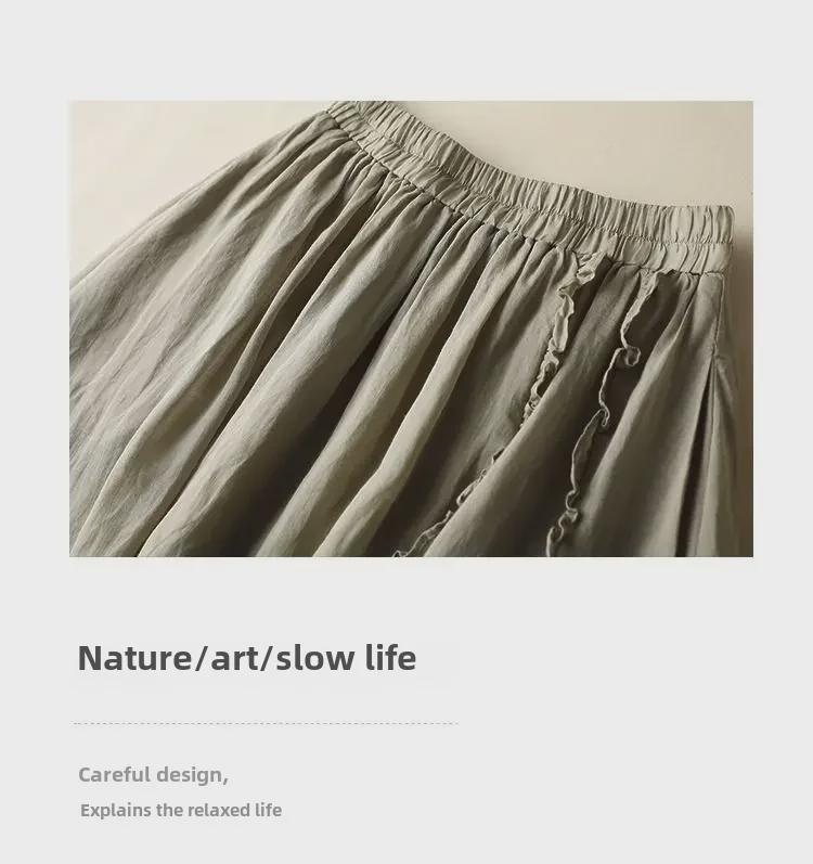 Trendy Cotton-Linen High-Waisted A-Line Skirt: Mid-Length with Ruffled Edges for a Slimming, Drapey Fit.