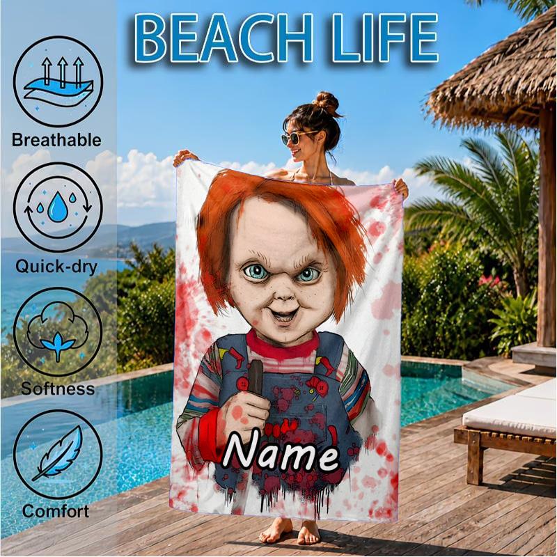 Custom Name Chucky's Bloody Invitation Beach Towel Microfiber Beach Towel, Lightweight and Quick-Dry, for Summer Travel, Swimming Pool Gift
