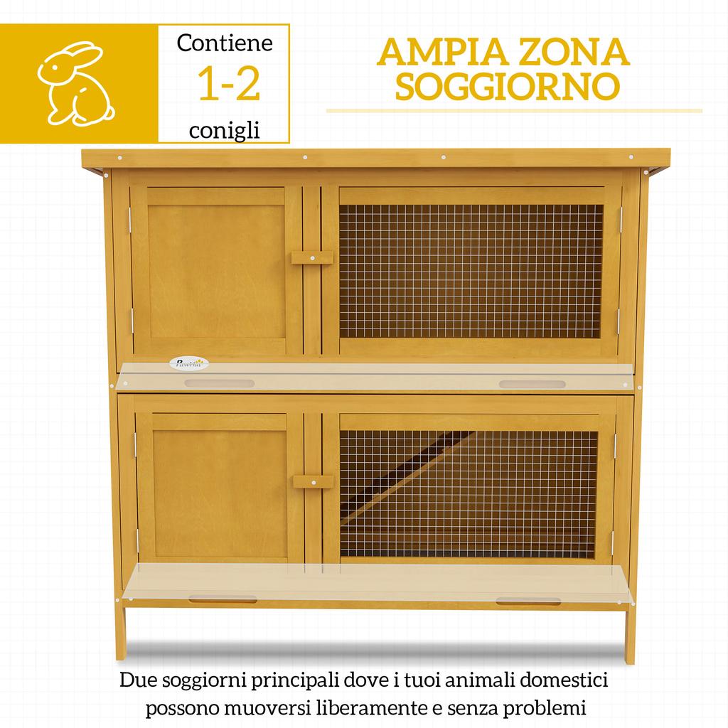 Double Decker Rabbit Hutch 2 Tier Guinea Pig House Pet Cage Outdoor with Sliding-out Tray, 97 x 44 x 91cm, Yellow