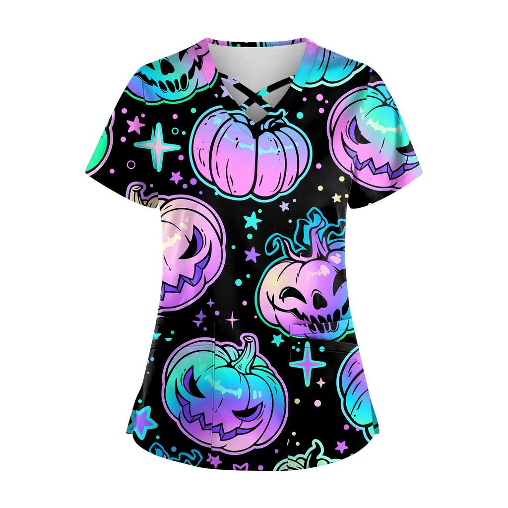 Плюс размерСкраб с принтом Рабочая форма Топы для женщин Крест V-образным вырезом Хэллоуин Принт с короткими рукавами Забавные футболки Спецодежда Футболка с карманами