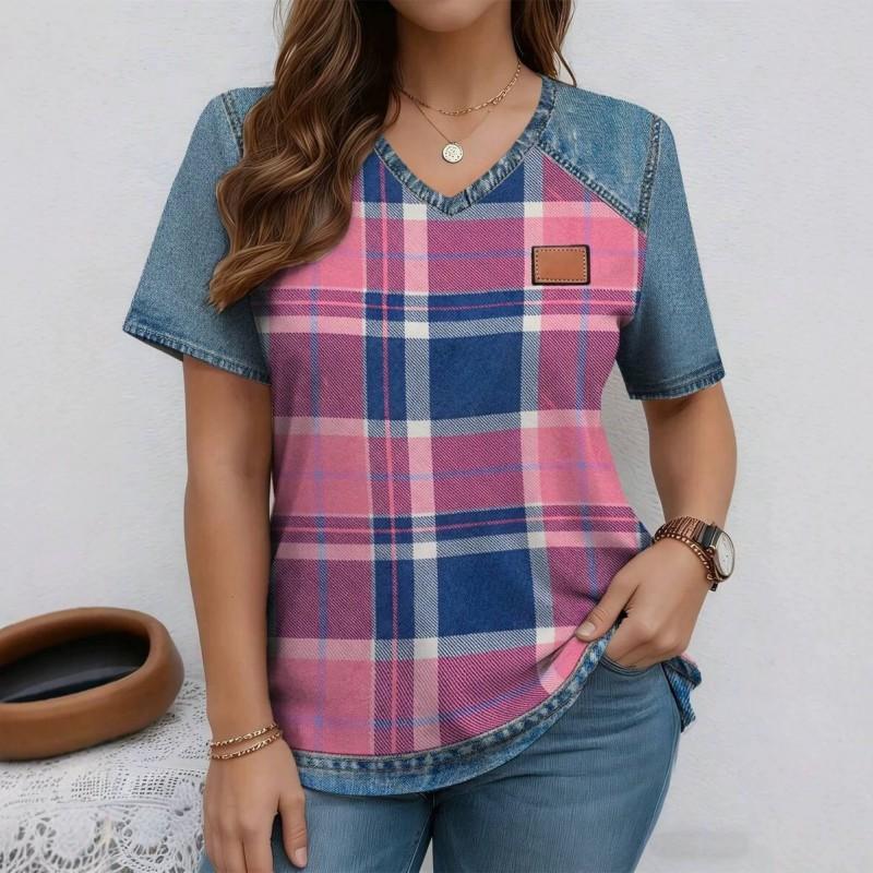 V-Neck Short Sleeve T-Shirt With Blue White Striped Print Loose Fit Casual Top Women 2025