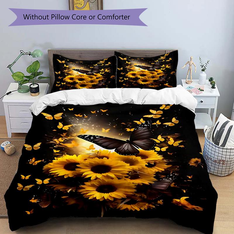 3pcs Black Butterfly is Flying Among Sunflowers Bedding Set, 1 Soft Quilt Cover + 2 Pillowcases, Machine Washable, Suitable for All Seasons