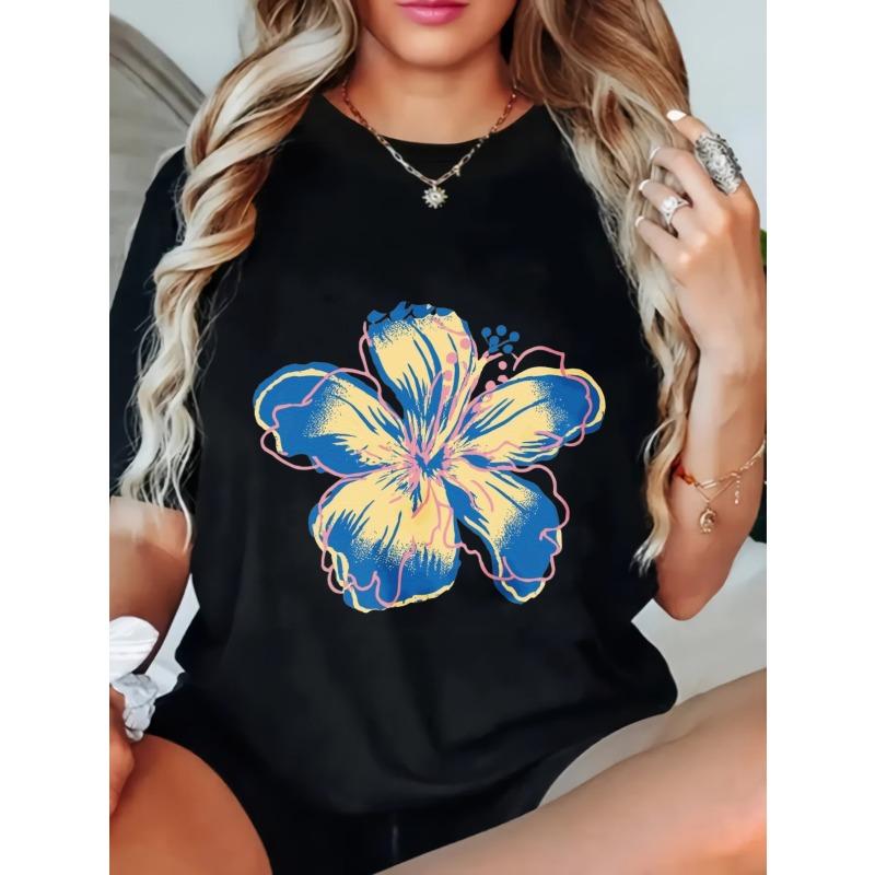 Women's Loose Fit T-Shirt Black Color Hibiscus Flower Print Casual Summer Wear
