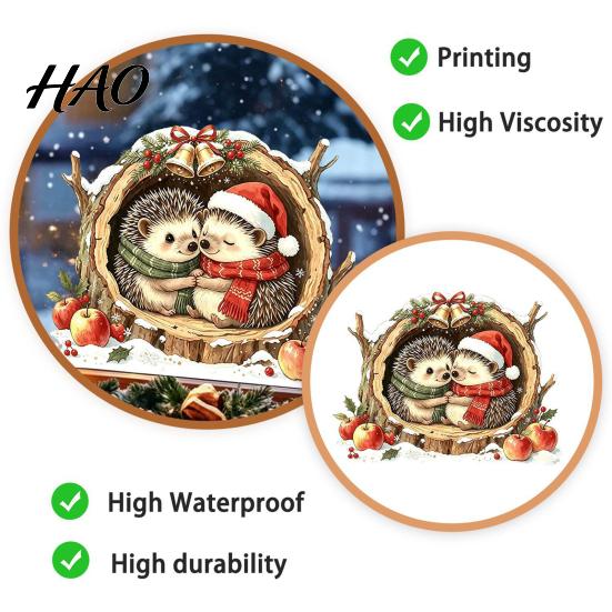 Waterproof Holiday Glass Decor Watercolor Christmas Hedgehog Static Window Cling, Cozy Tree Hole Winter Atmosphere Scenes Sticker, No?Glue