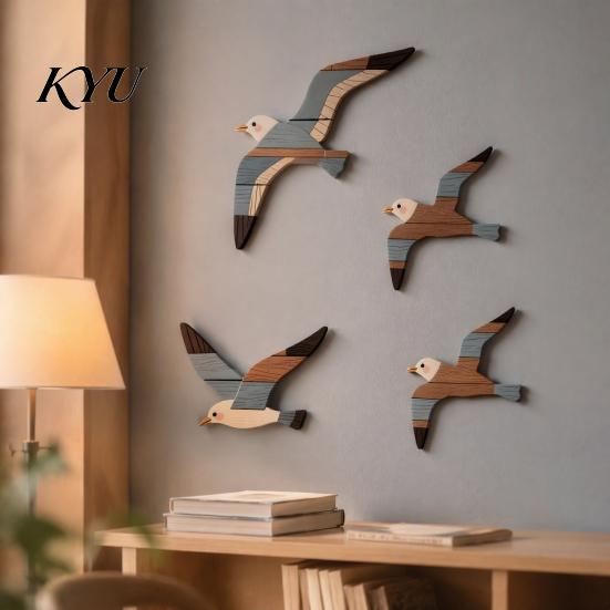 Seaside Villa Patio Decor 3/4Pcs Seagull Wall Decor, Nautical Coastal Theme Art, 3D Wooden Accents Adhesive Sculpture for Home Bedroom Living Room Art