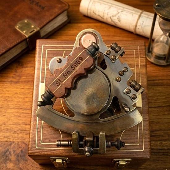 Brass Sextant with Wooden Box, Nautical Navigation Instrument, Maritime Decor Replica
