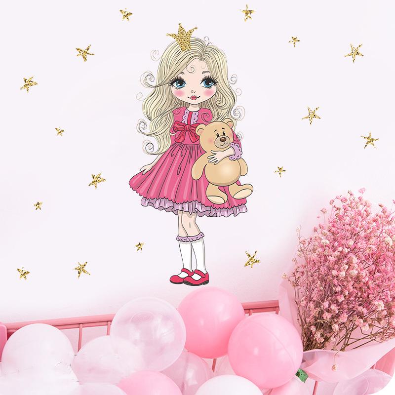 Наклейки на стену с мультяшным медведем, принцессой и звездами для комнат для девочек, декоративные виниловые наклейки для спальни для маленьких девочек, детская комната, наклейки для детской комнаты
