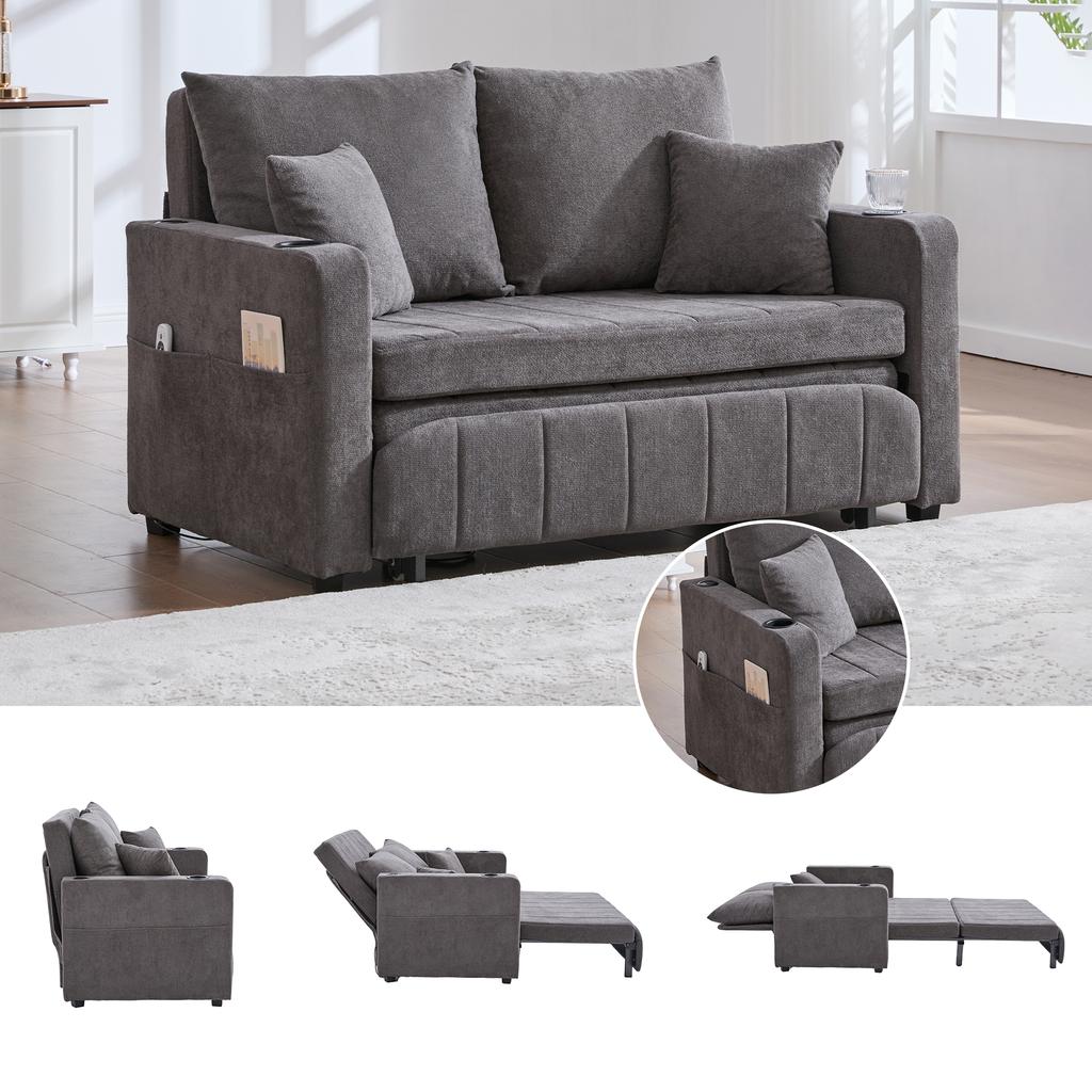 Multifunctional Fabric Sofa, Pull-Out Folding Sofa, With Storage Pockets On Armrests, USB Charging Function And Drink Holders (Grey Chenille Fabric)