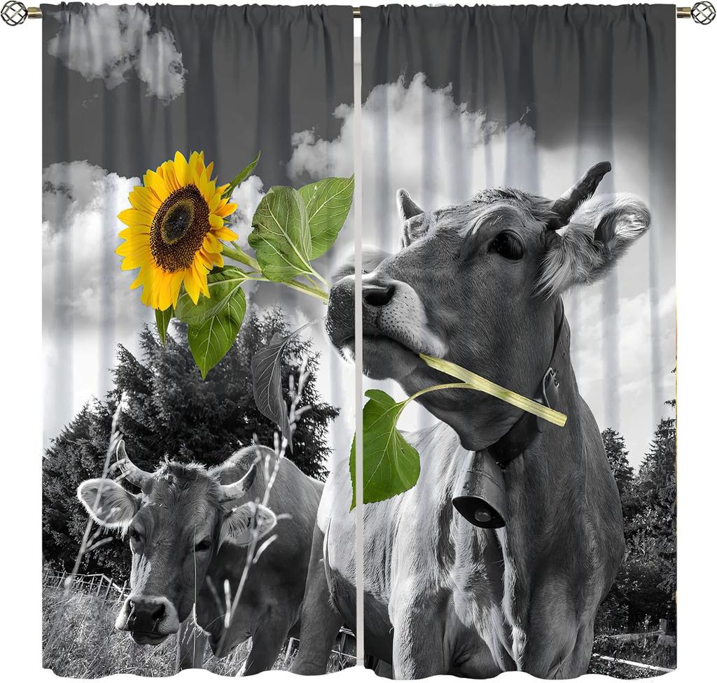 Highland Cow Curtains, Country Farm Animal Cow Window Treatments for Farmhouse Kitchen, Western Wildlife Bull Sunflower Print