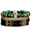 European-American Retro Crown Black Agate Tiger Eye Bracelet with Roman Numeral Stainless Steel Bangle