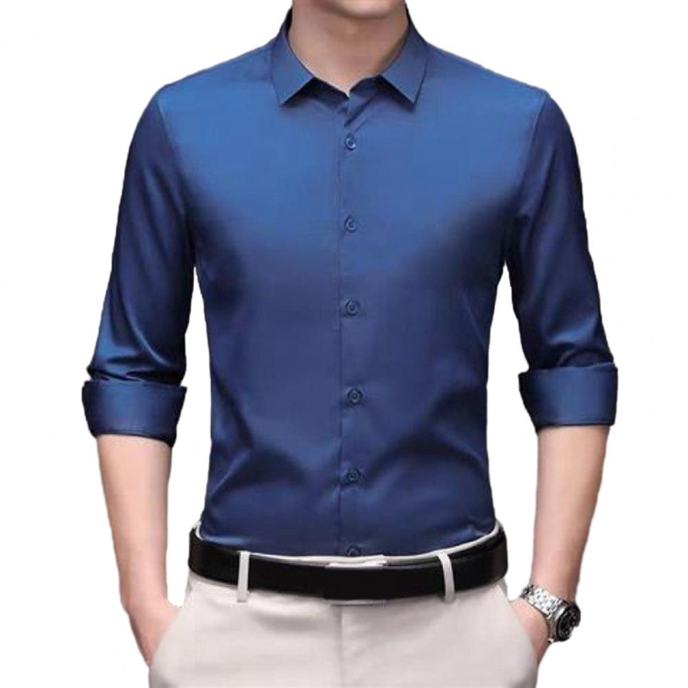 Мужская осенняя рубашка, формальная деловая рубашка, однотонная, с лацканами против морщин, однобортная, с длинными рукавами, облегающая, шелковистая, дышащая, мужская футболка