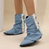 Vintage Thick Heel Women Denim Western Cowgirl Boots Fashion Slip On Shoes Autumn Winter Ladies Tassels Short Booties