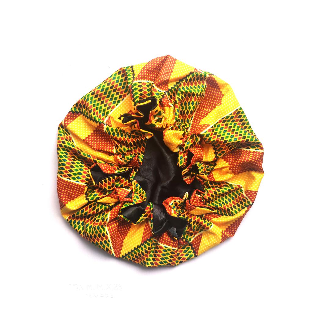 African Print Designer Bonnets and Satin Hair Wraps and Pillow Cover Colourful