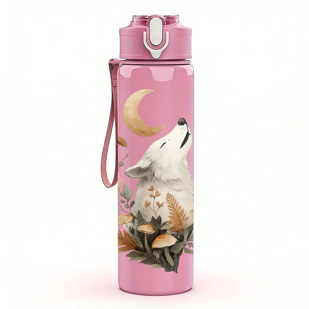 1PC Moon Forest Wolf Portrait 750ml Color Plastic Sports Water Bottle Leakproof Flip Straw Lid Suitable for Sports Office Home Use