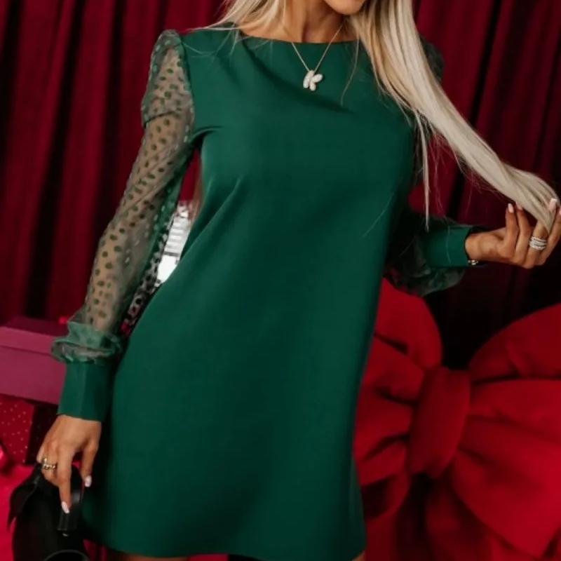 Сексуальное элегантное платье средней длины в винтажном стиле с длинными рукавами и кружевом для женщин. Новое однотонное платье с длинными рукавами и сетчатым рукавом с круглым вырезом.