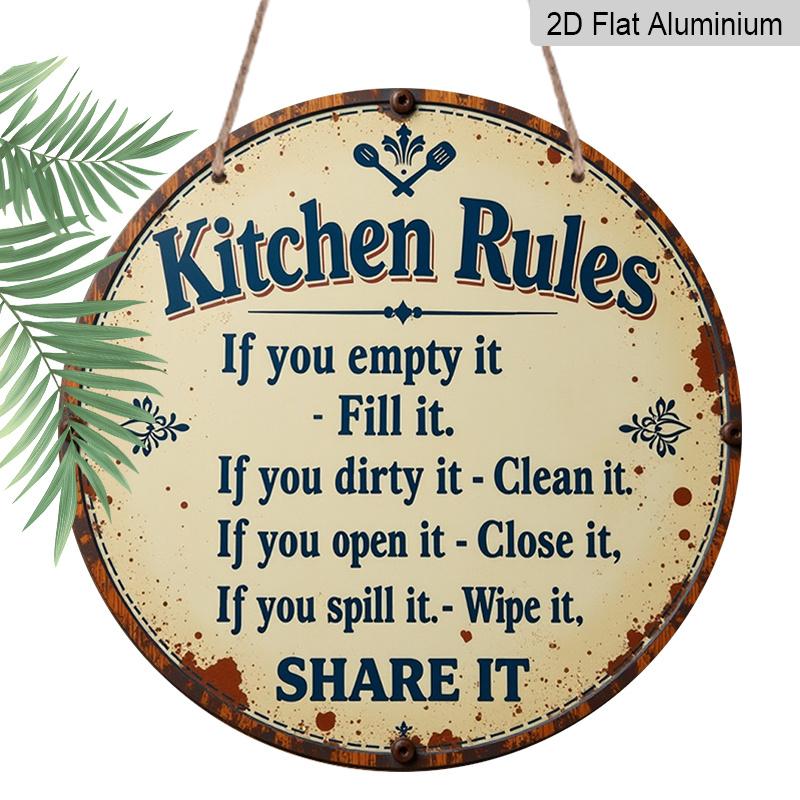 2D Flat 1pc, 8x8 in Printed Aluminum Metal Sign, Featuring Kitchen Rules Design, Round Aluminum Wall Art, Suitable for Decorating Patios, Porches