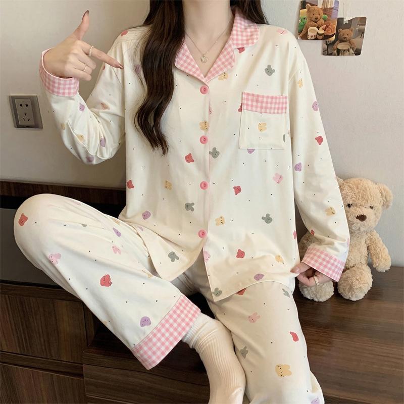 High-value simple striped puppy ins imitation cotton lapel cardigan spring new long-sleeved pajamas women's suit